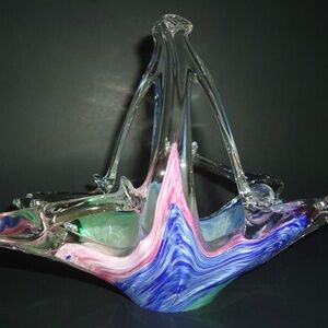 MURANO Italian Glass Multicolor Handblown Basket/Candy Dish 9x7x5 in
